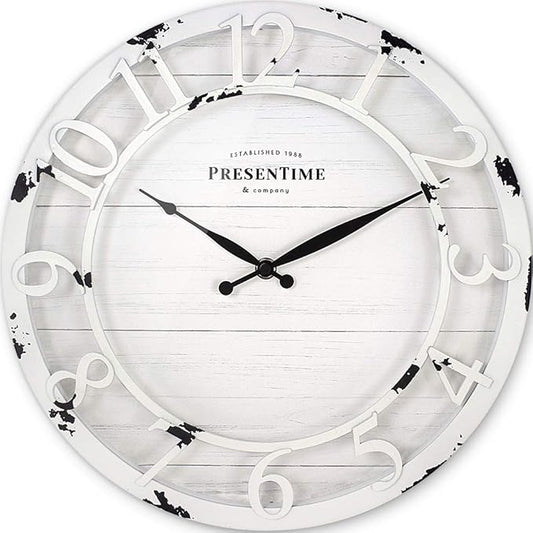 Presentime & Co 13" Farmhouse Series Wall Clock, Quartz Movement, Shiplap Style, Raised 3D Arabic Numeral, Antique Distressed White