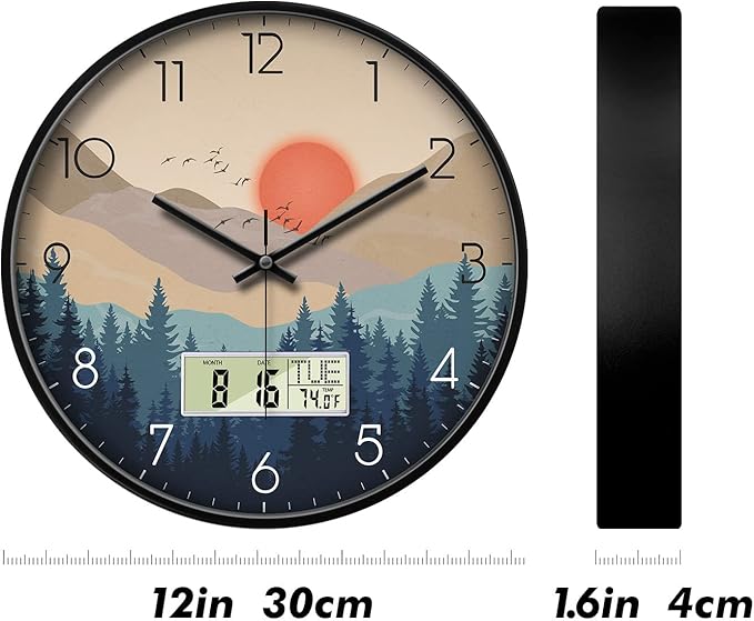Silent Wall Clock with Day Week Temperature Wilderness with Sunset Non-ticking Battery Operated Large Digital Modern Clocks Display with Calendar and Date for Kitchen Farmhouse Bathroom Office 12 Inch
