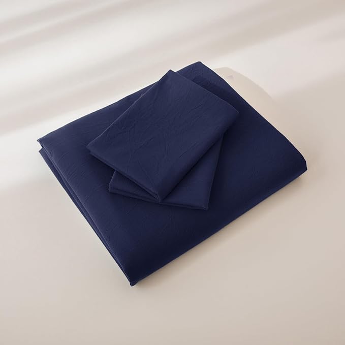 JIYUAN 100% Washed Cotton Duvet Cover Set 3 Pieces King, 1 Duvet Cover 104x90 Inches(Comforter Not Included) and 2 Pillowcases,Linen Feel Bedding Set Comfy and Breathable,Navy Blue