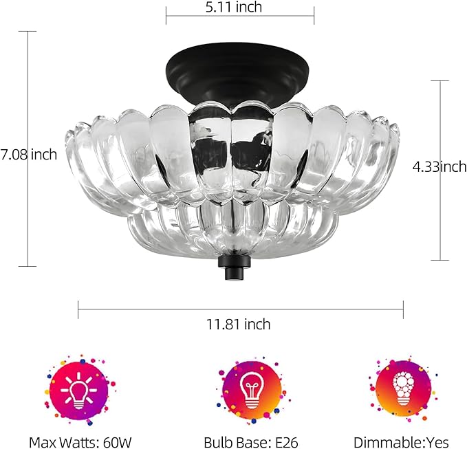 Ceiling Lights Semi Flush Mount Ceiling Light, Modern Black Ceiling Light with White Glass,Ceiling Lights Fixture Suitable for Bedroom Dining Room Kitchen Living Room(Excluding Free Bulbs)