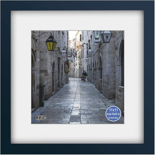 RPJC 11x11 inch Picture Frame Made of Solid Wood and High Definition Glass Display Pictures 8x8 with Mat or 11x11 Without Mat for Wall Mounting Photo Frame Jazz Blue