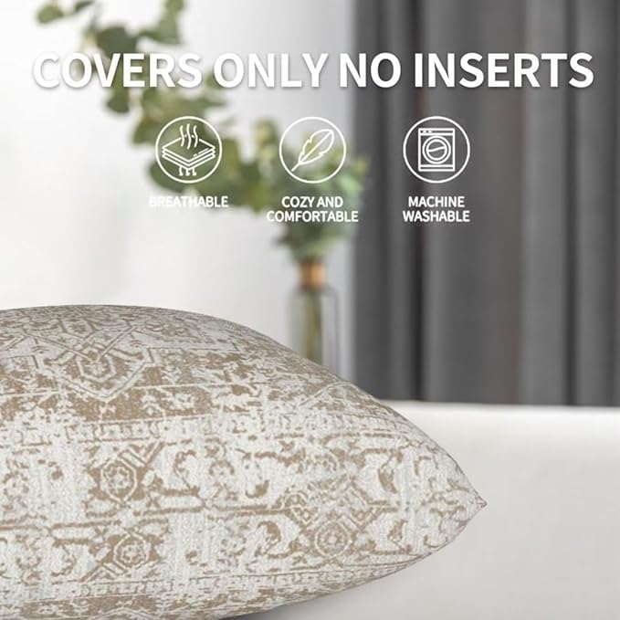 Boho Pillow Covers 16x16 Set of 2, Brown Beige Carpet Pattern Outdoor Decorative Throw Pillows Ethnic Rustic Farmhouse Cushion Cases Linen Gifts for Couch Sofa Decor