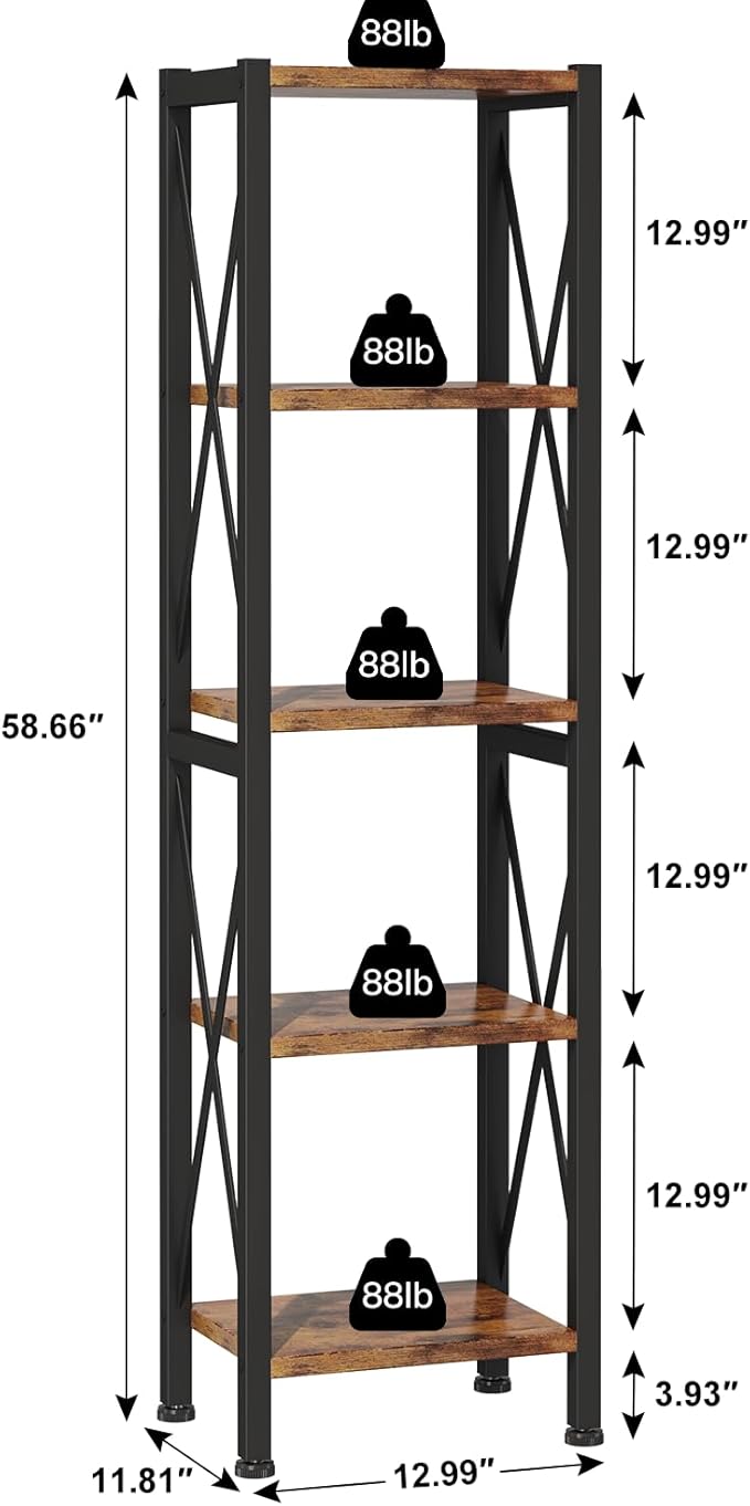 Homeiju 5-Tier Narrow Bookshelf, Ladder Bookshelf, Tall Bookshelf for Bedroom with Open Shelves, Office Bookshelf, Industrial Standing Bookshelf for Bedroom, Living Room and Home Office