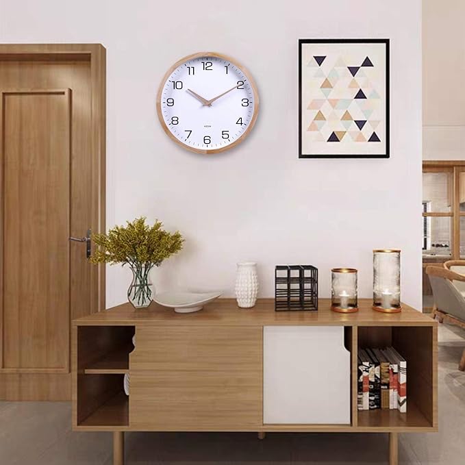 Kesin 12 Inches Wooden Round Silent Wall Clock White Wood Wall Clocks Analog Digital Battery Operated Non Ticking for Living Room Kitchen Bedroom Office Vintage Home Decor