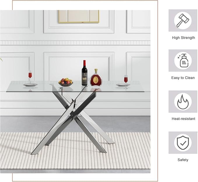 Goujxcy Glass Dining Table Set for 4, Modern Kitchen Table and Chairs Set of 4, 5-Piece Kitchen Dining Room Table Set w/51 Metal Silver Dining Table and 4 Black Velvet Upholstered Chairs