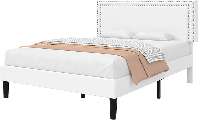 VECELO Queen Size Bed Frame with Adjustable Upholstered Headboard, Wooden Slats Platform, Noise-Free Design, Easy Assembly