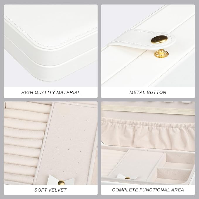 Small Jewelry Box, Travel Jewelry Case Portable Jewelry Boxes for Women, 2-Layer Mini Jewelry Travel Organizer, Gift for Women Girls,White D