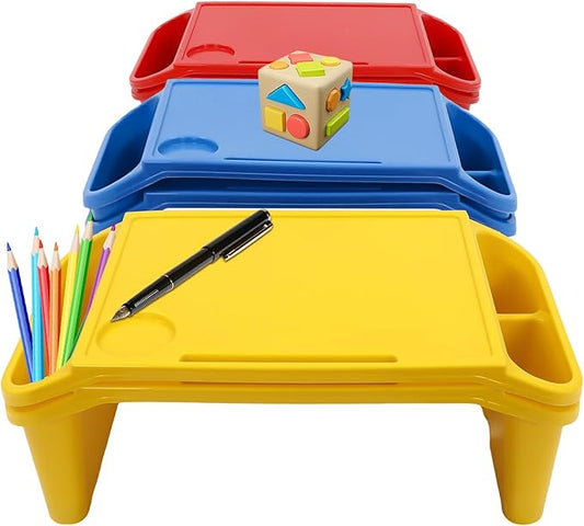 6 Pcs Kids Lap Desk Tray, Plastic Breakfast Lap Desk Trays with Side Pockets and Slot, Portable Lap Table Snack Tray for Eating, Writing, Drawing, Game, 19.69" L x 9.84" W x 7.1" H (3 Colors)
