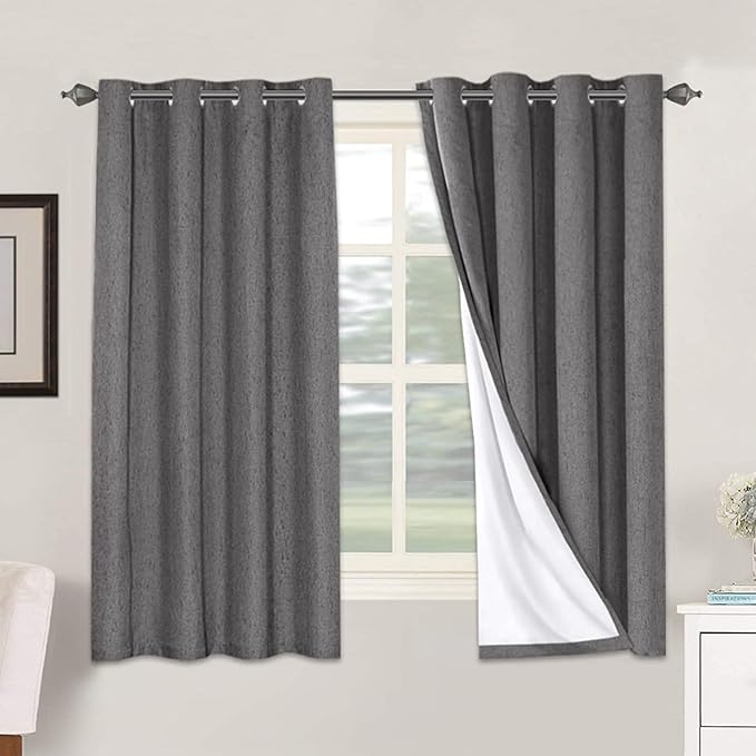 H.VERSAILTEX Linen Blackout Curtains 63 Inches Long 100% Absolutely Blackout Thermal Insulated Textured Linen Look Curtain Draperies Anti-Rust Grommet, Energy Saving with White Liner, 2 Panels, Grey