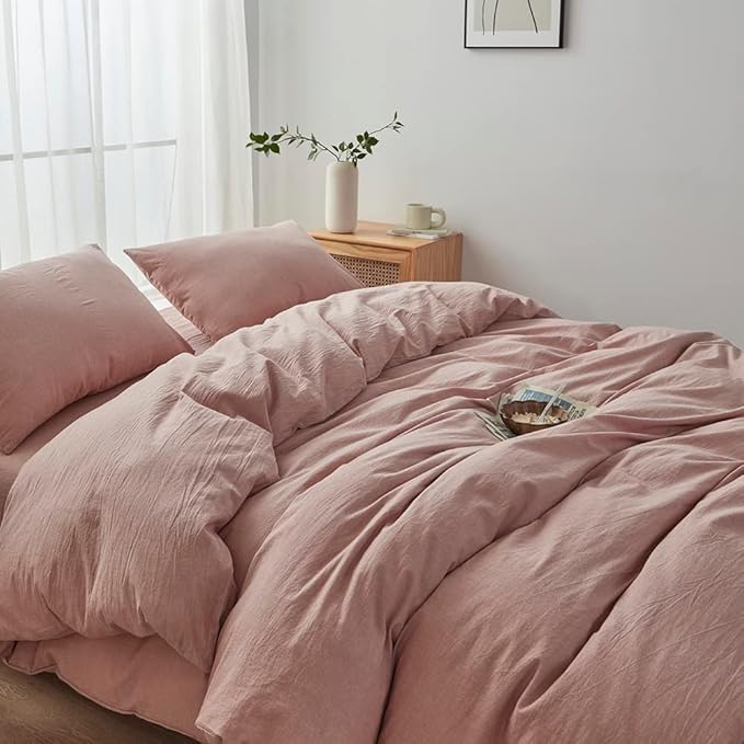 Face Two Face Bedding Duvet Cover Set 3 Pieces 100% Washed Cotton Duvet Cover Linen Like Textured Breathable Durable Soft Comfy (Queen, Old Pink)