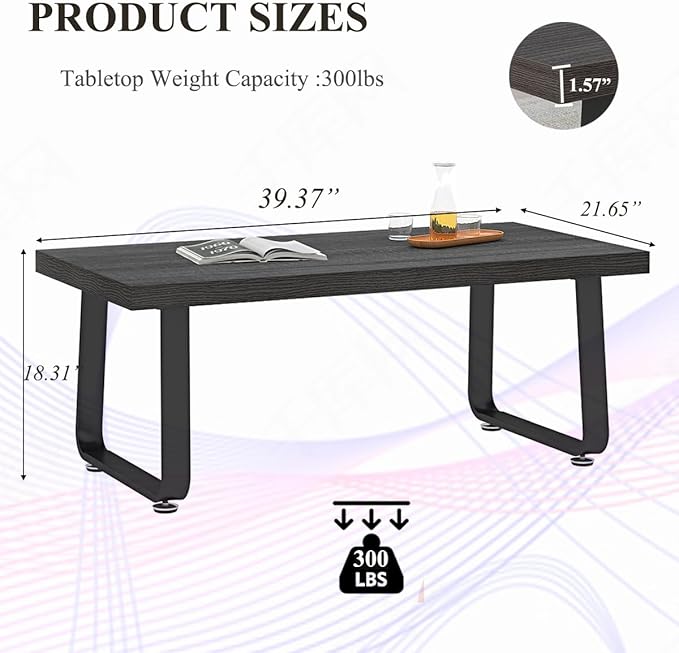 HSH Industrial Grey Coffee Table, Rustic Wood and Metal Living Room Table, Modern Minimalist Rectangle Oak Center Table, Farmhouse Cocktail Tea Table for Home Bedroom Kitchen, Dark Gray Oak, 39 Inch