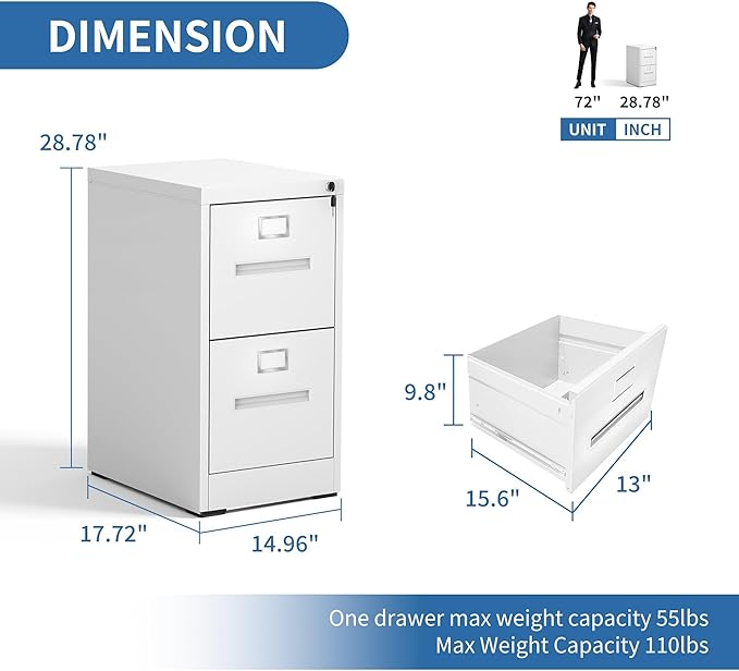 2 Drawer File Cabinet with Lock, Metal Filing Cabinets for Home Office, Vertical Narrow File Cabinet Lockable Steel Storage Cabinets for Letter/Legal/F4/A4 Size, Assembly Required(White)