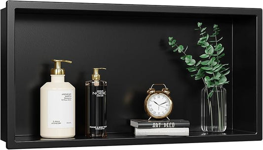 Shower Niche, 24" X 12"(Inner Size 22.6"X11") No Tile Needed Bathroom Niche for Shower Wall, Black Stainless Steel Shower Niche Insert for Bathroom, Recessed Wall Niche Shelf