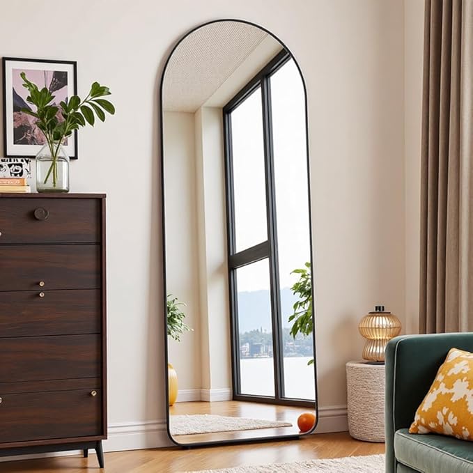OGCAU Full Length Mirror, Arched Floor Mirror Full Length, 65"x22" Arch-Top Freestanding Body Mirror, Rounded Coner Large Wall Mirror with Aluminum Alloy Frame, Hanging or Leaning for Bedroom (Black)
