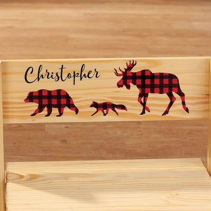 Custom Children's 2-in-1 Step Stool and Chair, Natural Wood, Buffalo Plaid Design with Custom Name