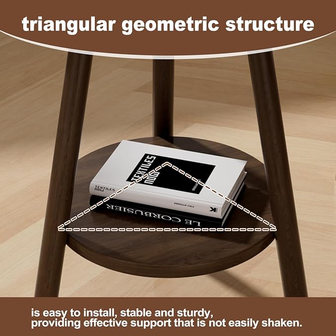 OERGKE Round End Table, Small Side Tables with Lower Shelf, Coffee Table, Bedside Table, Mid Century Modern Nightstand for Living Room, Bedroom, Corners and Office (Walnut)