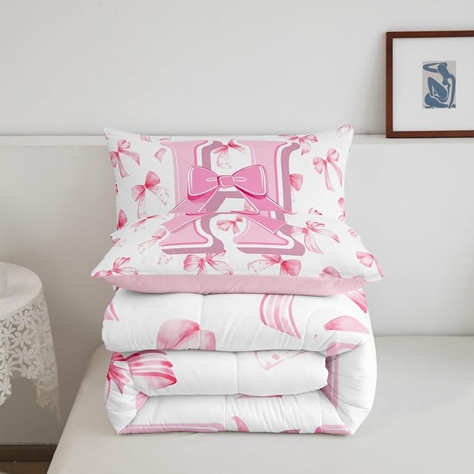 jejeloiu Kids Girls Cute Pink Bow Comforter Set King Size Monogrammed Bedding Set Ultra Soft Personalized Initial H Duvet Quilt Coquette Bow Knot Quilt Set Room Decor Modern Fashion Comforter