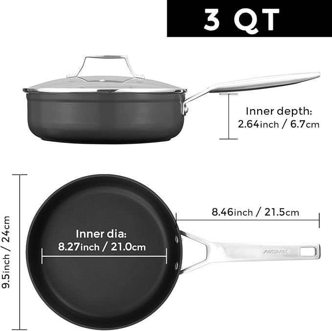 MsMk 3.0 Quart Nonstick Deep Frying with Lid, 9.5 Inch Titanium and Ceramic Nonstick Saute Pan with Lid, Stay Cool Handle, Induction Cookware, Oven & Dishwasher Safe, PFOA PFOS APEO Free