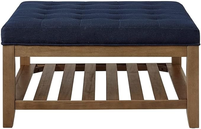 24KF Large Square Upholstered Tufted Linen Ottoman, Large Footrest Ottoman with Solid Wood Shelf- Navy Blue