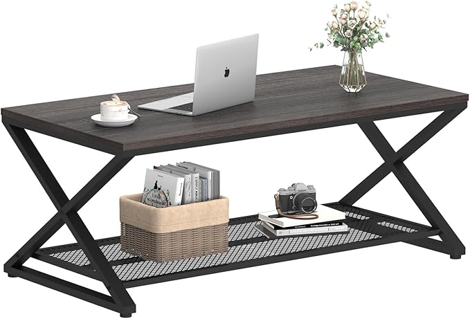 LVB Industrial Grey Coffee Table, 2 Tier Wood Metal Living Room Table, Wooden Rectangle Center Table with Storage, Farmhouse Low Cocktail Tea Table for Home Office Bedroom, Dark Gray Oak, 39 Inch
