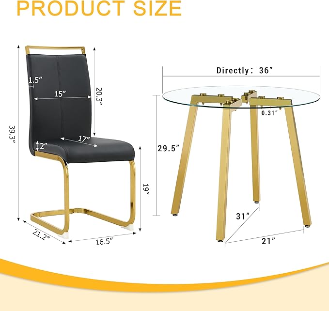 36" Round Glass Dining Table Set for 4 With Stainless Steel Leg, Small Kitchen Table With Cushion Chairs, 5 Piece Space Saving Set