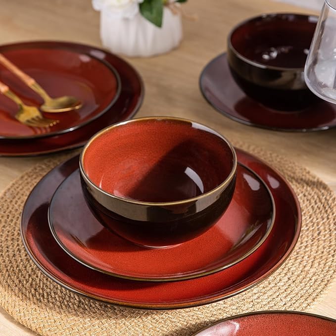 LeRatio Ceramic Dinnerware Sets for 6,Stoneware Plates and Bowls Sets,Handmade Reactive Glaze Dishes Set,Chip Resistant and Scratch Resistant | Oven&Dishwasher & Microwave Safe,Service for 6-Red