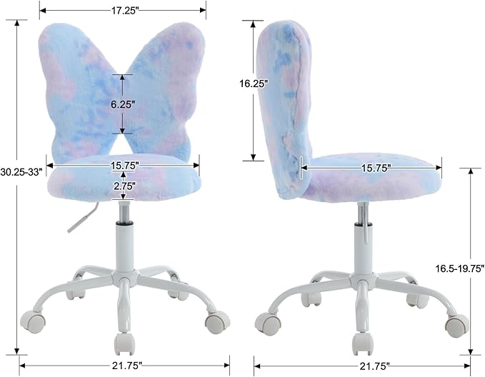 Butterfly Kids Desk & Chair - Adjustable, Swivel, Furry, Blue - Home, Bedroom, School, Dorm