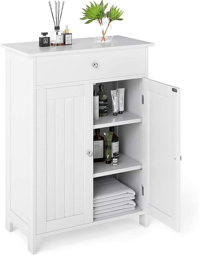 Giantex Storage Cabinet, White Bathroom Cabinet with 2 Doors, 1 Drawer, 3-Level Adjustable Shelf, Modern Wooden Storage Organizer for Laundry Room, Entryway, Living Room