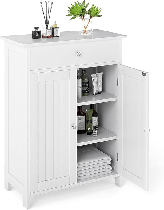 Giantex Storage Cabinet, White Bathroom Cabinet with 2 Doors, 1 Drawer, 3-Level Adjustable Shelf, Modern Wooden Storage Organizer for Laundry Room, Entryway, Living Room
