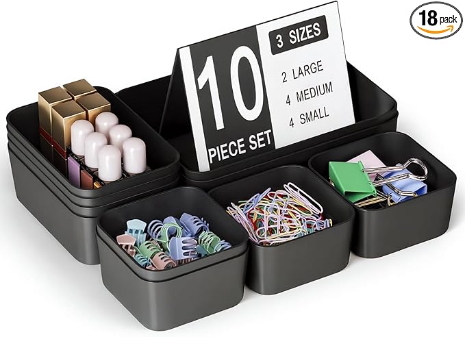 Plastic Drawer Organizers, 10 PCS Drawer Organizer Bins, Bathroom and Vanity Organizer Plastic Tray, Makeup organizer and storage for Makeup, Bedroom, Kitchen Gadgets Utensils and Office (Black)