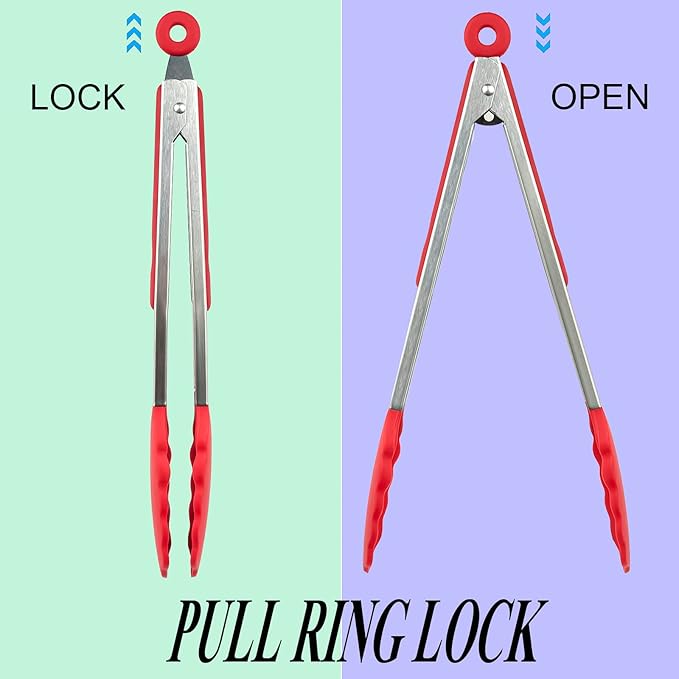 HST Tongs for Cooking with Silicone Tips(3 Pack), Non Stick Kitchen Tongs with Silicone Tip for Cooking BBQ Baking (12", Red)