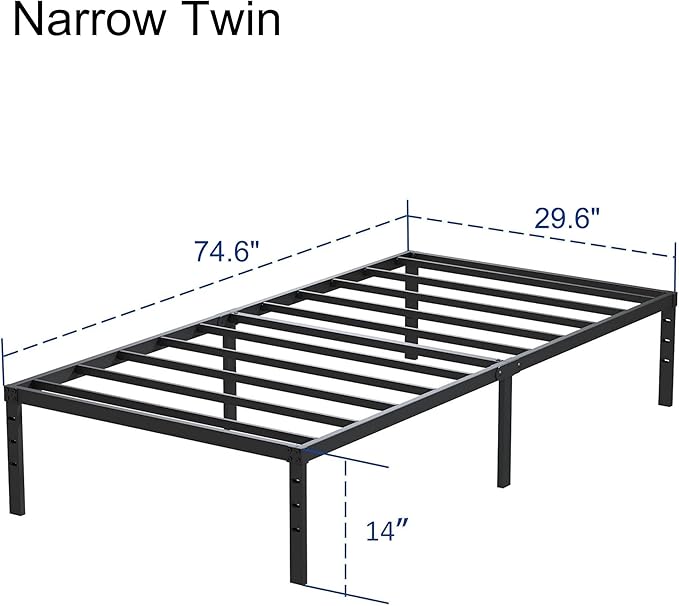 Heavy Duty Narrow Twin Bed Frame No Box Spring Needed, 14 Inch Metal Platform Narrow Twin Bed Easy Assembly, Noise Free, 30x75 Inch, Black