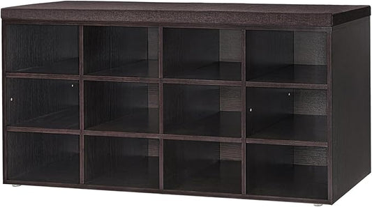 DINZI LVJ Shoe Storage Bench with Cushion, Cubby Shoe Rack with 12 Cubbies, Adjustable Shelves, Multifunctional Shoe Organizer Bench for Entryway, Mudroom, Hallway, Closet and Garage, Espresso