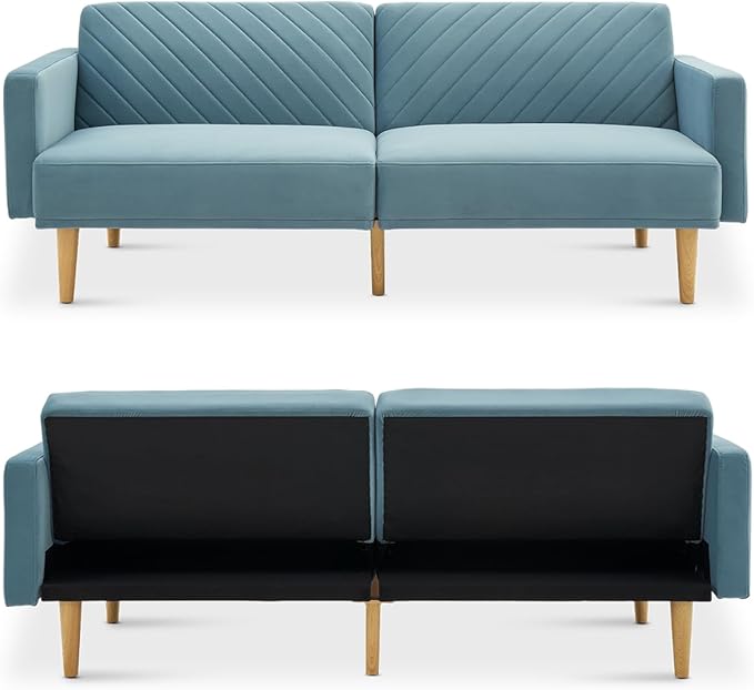 mopio 76.8" Futon Sofa Bed, Small Couch, Sleeper, Loveseat, Mid Century Modern Futon Couch, Sofa Cama, Couches for Living Room (Sky Blue Premium Velvet)