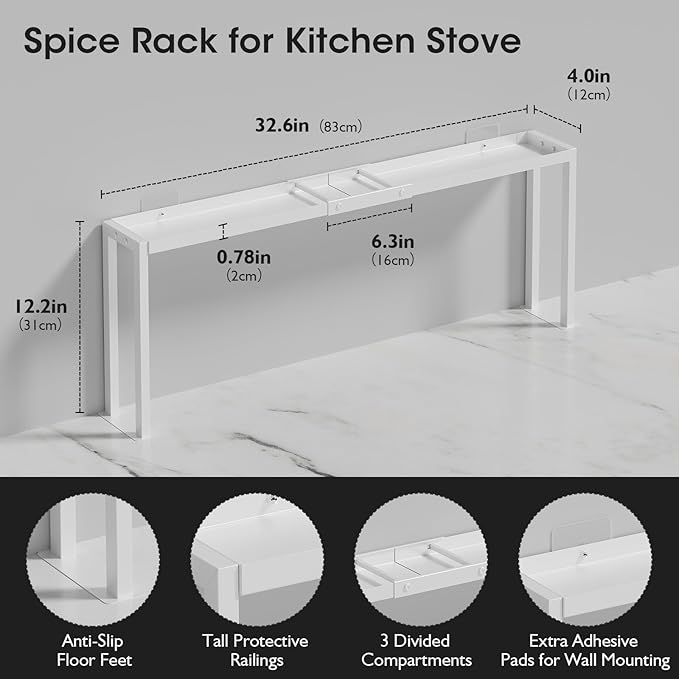 Bumusty Spice Rack Shelf for Kitchen Stove, 32" Adjustable Oven Spice Rack, Seasoning Organizer Kitchen Shelves，White