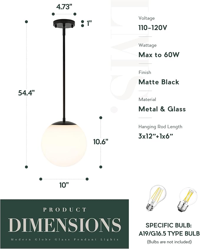 LMS 10 Inch Globe Pendant Lights, Matte Black Mid Century Kitchen Island Light Fixtures with White Globe Glass Shade, Adjustable Hanging Rod, Bar Kitchen Bedroom, LMS-186PL-BKW-10