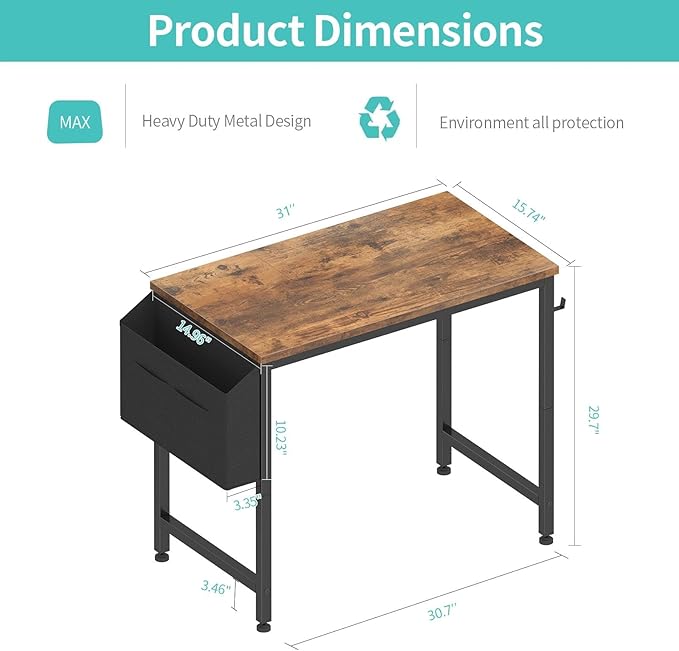 Lufeiya Small Desk for Small Spaces, 32 Inch Kids Girls Study Writing Desks for Bedroom, Simple Modern Laptop PC Little Side Table with Storage Bag Headphone Hooks, Rustic Brown