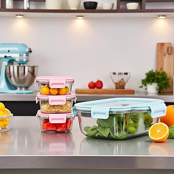 8PC Square Glass Containers With Lids, Glass Square Meal Prep Containers Set, 2 Cup Clear Small Food Containers For Soup Snack fruit, Microwave, Dishwasher, Freezer Safe - (4 color)