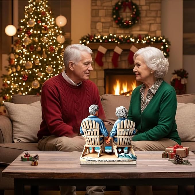 Custom Growing Old Together Christmas Decoration, Personalized Couple Beach Chair Wooden Plaque, Holiday Gift for Parents or Grandparents, Heartfelt Wooden Keepsake for Anniversary Celebration