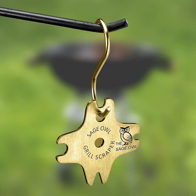 Sage Owl Bristle-Free Brass BBQ Grill Scraper – Safe Grill Cleaner for Outdoor Grills, Porcelain Grates, Smoker Accessories, Cooking Gadgets, and Barbecue Grilling Tools – Small Gifts for Dad