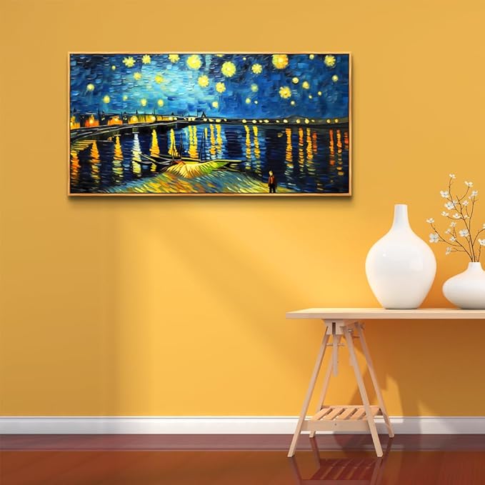 hyidecorart Wood Framed Wall Art For Living Room Large Canvas Wall Decor For Office Modern Bedroom Decoration Night Scene Wall Paintings Abstract Blue Vintage Pictures Artwork Home Decor 20x40