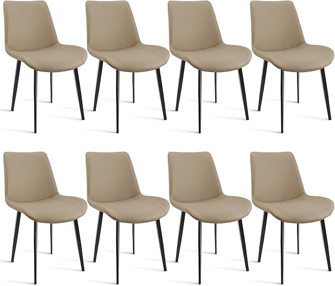 Dining Chairs, Modern PU Leather Dining Room Chair with Sturdy Metal Legs, Upholstered Seat Dinner Chairs Accent Side Chairs for Indoor Kitchen Living Room (Tan, Set of 8)