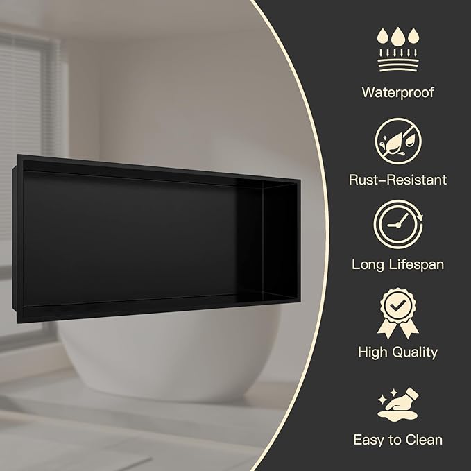28" X 16" Stainless Steel Shower Niche Insert Tile Ready, Niche for Shower Wall, Recessed Shelf No Tile Needed for Bathroom Storage, Matte Black