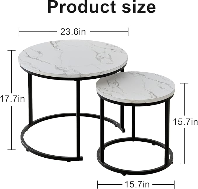 aboxoo Round Nesting Coffee Table Side Table Set of 2 End Tables for Living Room Bedroom Balcony, White Faux Marble Wooden Table Accent Coffee Table with Black Steel Frame