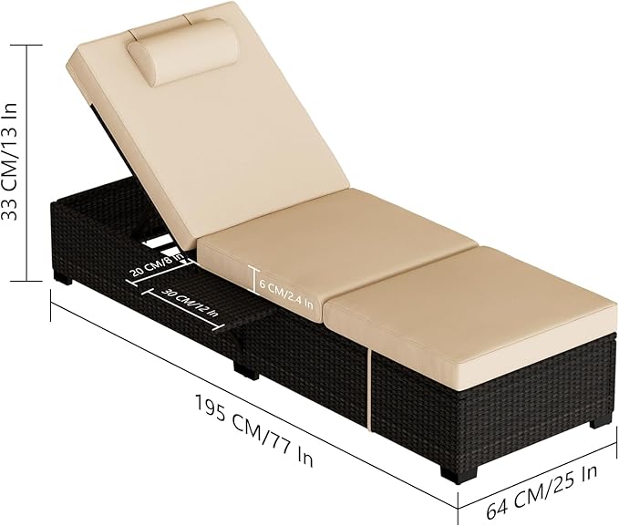 Outdoor Patio Rattan Chaise Lounge,Reclining Adjustable Pool Chaise Lounge Chair with Cushion,PE Wicker, Steel Frame, Sunbathing Chair for Beach, Yard, or Poolside, Set of 2 (Brown)