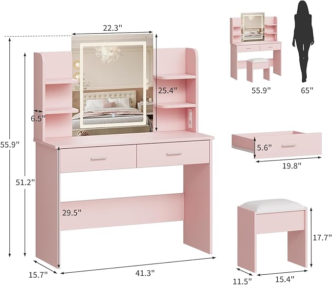 GAOMON Makeup Vanity Desk with Lights and Mirror, Vanity Table with 3 Lighting Modes, Storage Drawer, Shelves, Charging Station and Included Stool for Bedroom, Pink