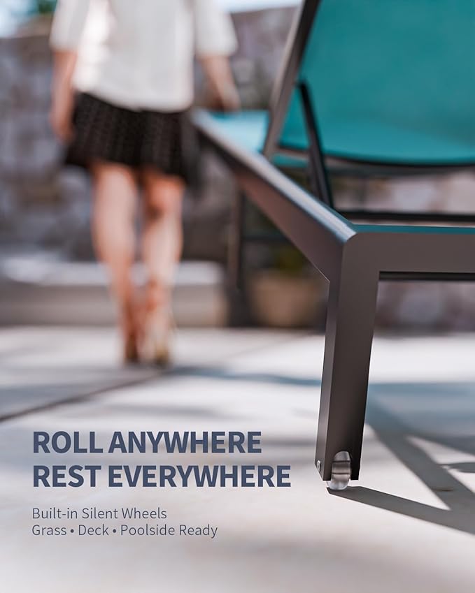 Aluminum Lounge Chairs Outdoor Chaise Furniture,2 Sets Patio Metal Deck Lounger Adjustable 5-Position Poolside Chase Recliner with Wheels for Beach,Coffee Table, (Blue, 2 Chairs)