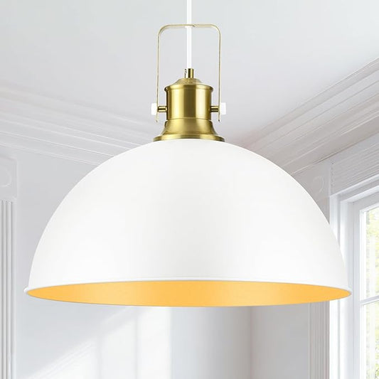 18 Inch White Farmhouse Pendant Lights for Kitchen Island Industrial Haning Lamp Adjustable Height Vintage Dome Hanging Light Fixtures for Barn, Dining Room