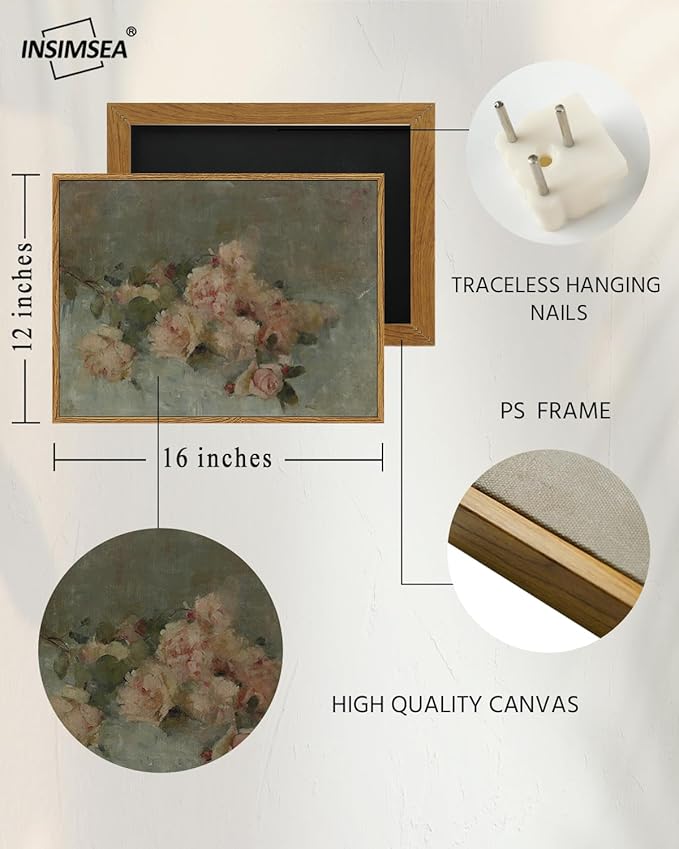InSimSea Framed Wall Art for Living Room Decor Classical Oil Painting Roses Canvas Prints Vintage Wall Art Decorations for Bedroom Home Office Bathroom Decor 12x16in
