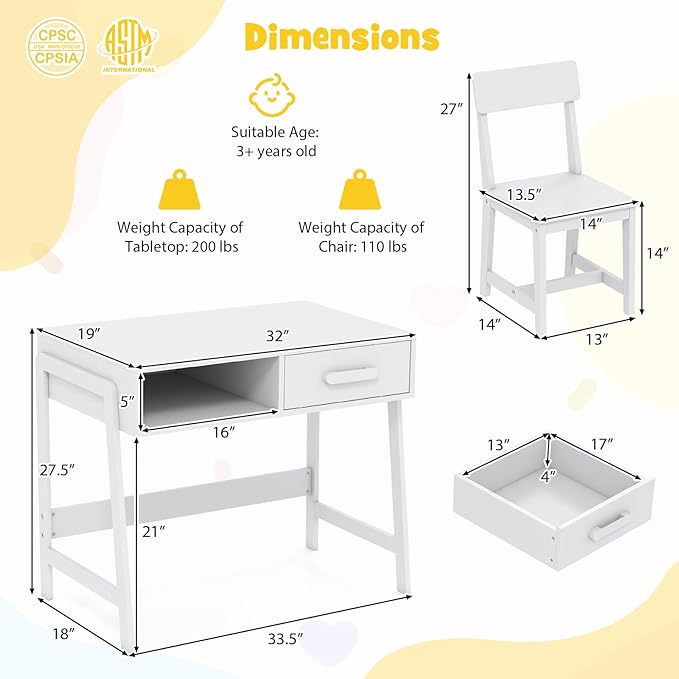 HONEY JOY Kids Desk and Chair Set, Wooden Children School Study Table and Chair w/Storage Drawer & Hutch, Student Writing Desk Computer Workstation for Bedroom, Gift for 3+ Years Old (White)